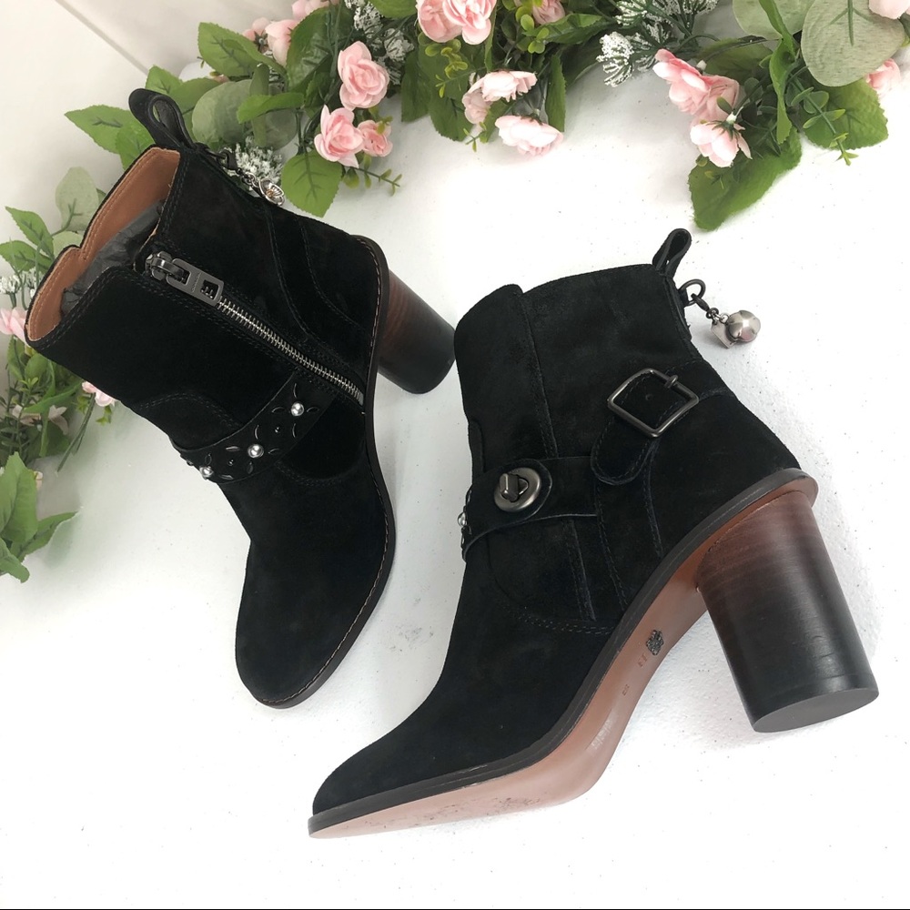 Coach black suede ankle boots floral stud size 5.5 - Picture 1 of 8